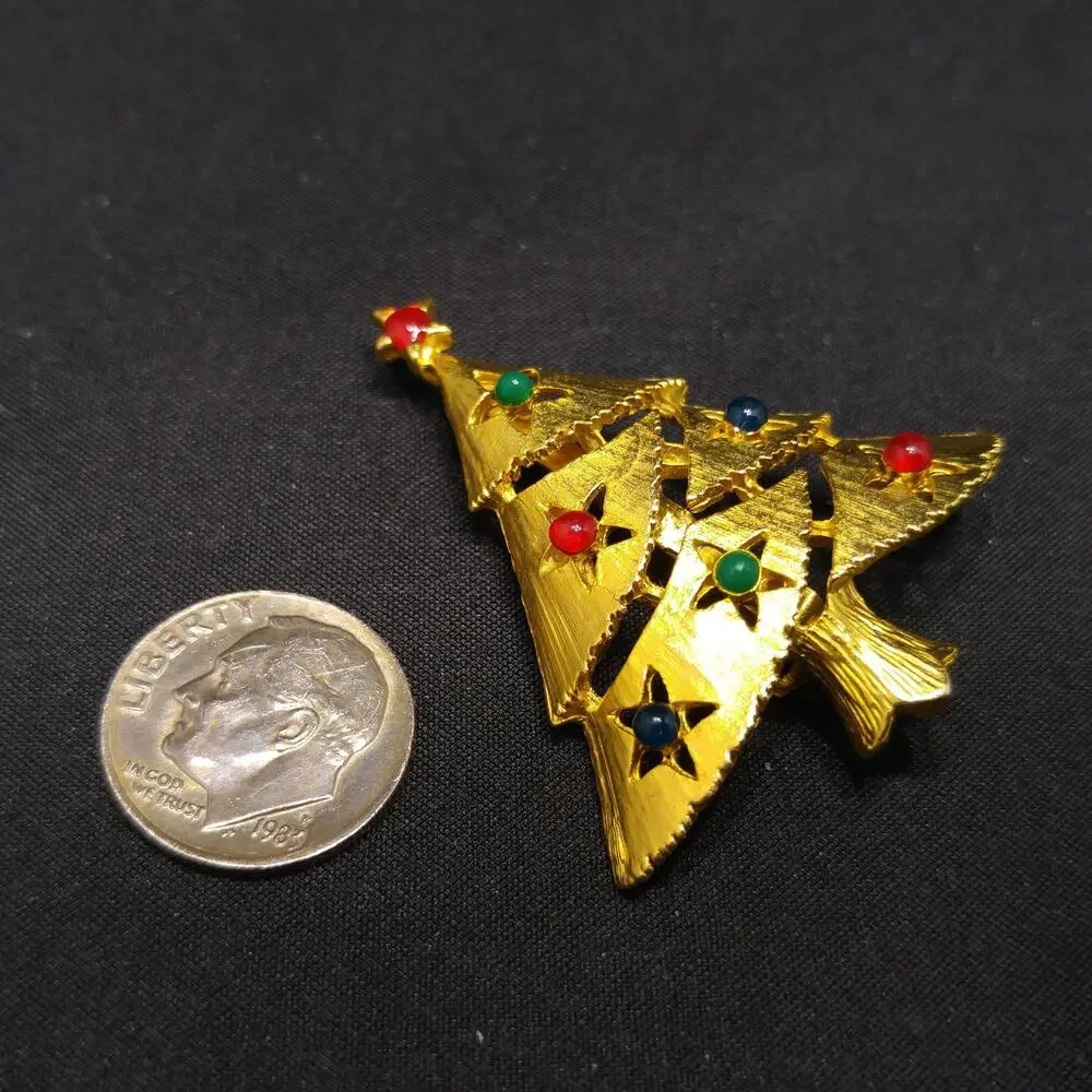 Vintage Eisenberg Ice Christmas Tree Brooch 1960s Gold Multicolor Beads Signed